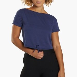 NUX boat crop top short sleeve loose fit off the shoulder active top navy blue M